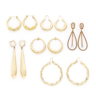 Lot 1721 - Six Pairs of Gold Pendant-Earrings and Hoop Earclips
