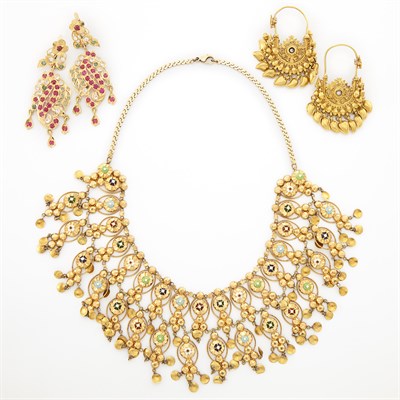 Lot 1437 - Indian Gold and Enamel Fringe Necklace and Two Pairs of Pendant-Earrings