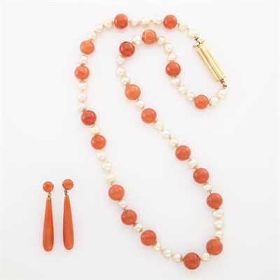 Lot 1520 - Coral Bead, Semi-Baroque Cultured Pearl Necklace with Gold Clasp and Pair of Coral Pendant-Earrings