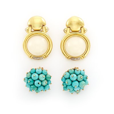 Lot 1101 - Pair of Gold, Cream Chalcedony and Diamond Earclips, and Turquoise Bead Cluster Earclips