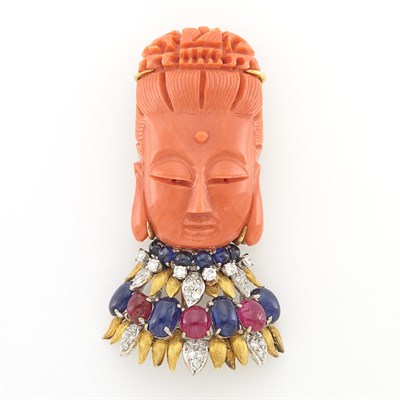 Lot 1620 - Two-Color Gold, Carved Coral, Cabochon Sapphire and Ruby and Diamond Brooch, Trio