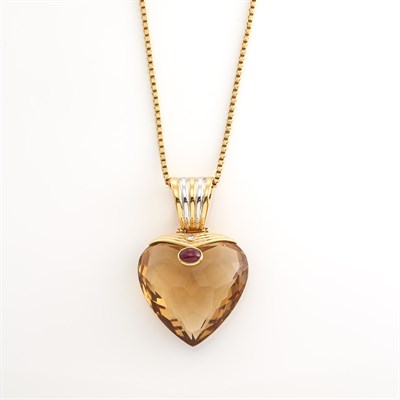 Lot 2081 - Two-Color Gold, Citrine, Cabochon Ruby and Diamond Oversized Heart Pendant with Chain Necklace