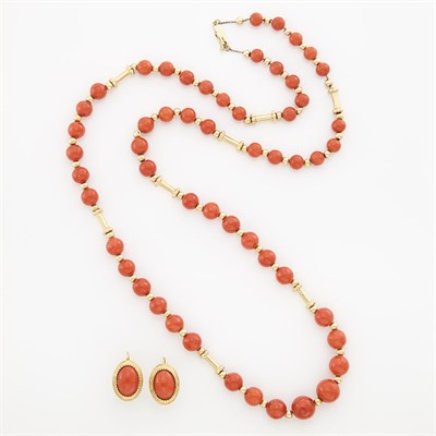 Lot 1547 - Long Gold and Coral Bead Necklace and Pair of Earrings