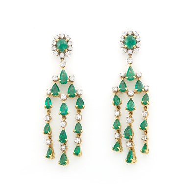Lot 1209 - Pair of Gold, Emerald and Diamond Pendant-Earrings