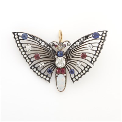 Lot 1687 - Antique Silver, Gold, Diamond, Gem-Set and Split Pearl Butterfly Pendant