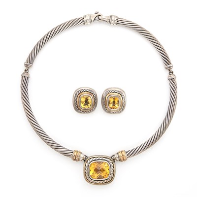 Lot 1616 - Sterling Silver, Gold and Citrine Necklace and Pair of Earclips, David Yurman