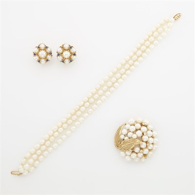 Lot 1262 - Group of Gold, Cultured and Biwa Pearl, Simulated Diamond and Sapphire Jewelry