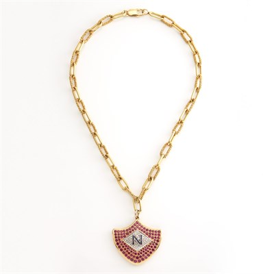 Lot 2065 - Gold, Platinum, Ruby, Diamond and Sapphire Shield Pendant with Gold Chain