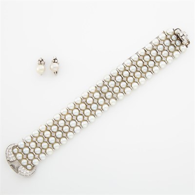 Lot 1194 - Four Strand Cultured Pearl, White Gold and Diamond Bracelet and Pair of Earclips