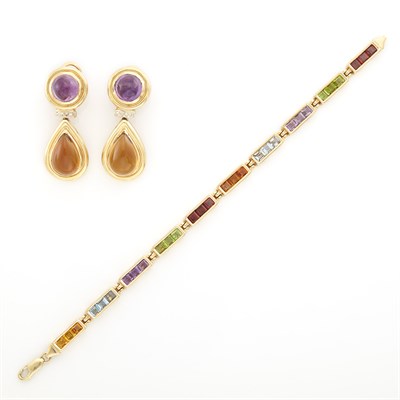 Lot 1169 - Gold and Gem-Set Bracelet and Pair of Pendant-Earrings