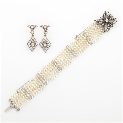 Lot 1235 - Six Strand Cultured Pearl, White Gold and Diamond Bracelet with Silver and Diamond Clasp and Pair of Antique Silver, Gold and Diamond Pendant-Earrings