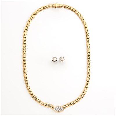 Lot 2042 - Gold and Diamond Curb Link Chain Necklace and Pair of White Gold and Diamond Earrings