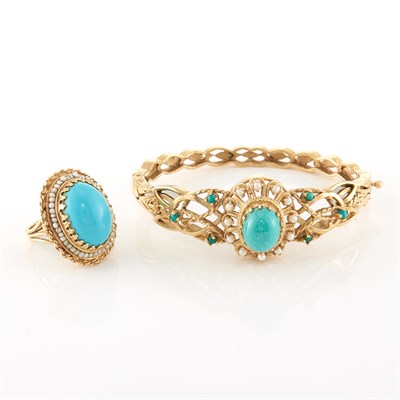 Lot 2067 - Gold, Turquoise, Cultured and Freshwater Pearl Bangle Bracelet and Ring