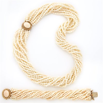 Lot 1503 - Multistrand White Coral Bead Torsade Necklace and Bracelet with Gold and Coral Clasps