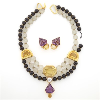 Lot 1549 - Double Strand Fluted Frosted Rock Crystal and Black Onyx Bead, Gold, Citrine, Amethyst and Simulated Diamond Necklace and Pair of Gem-Set Earclips
