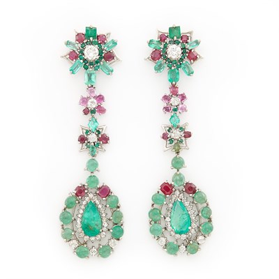Lot 1207 - Pair of White Gold, Emerald, Ruby and Diamond Pendant-Earrings