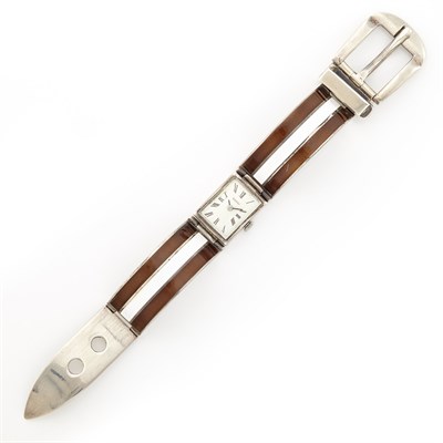 Lot 1405 - Stainless Steel and Brown and White Enamel Bangle-Watch, Gucci