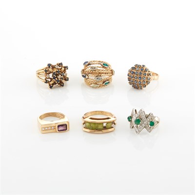 Lot 1276 - Six Gold, White Gold, Diamond and Gem-Set Rings