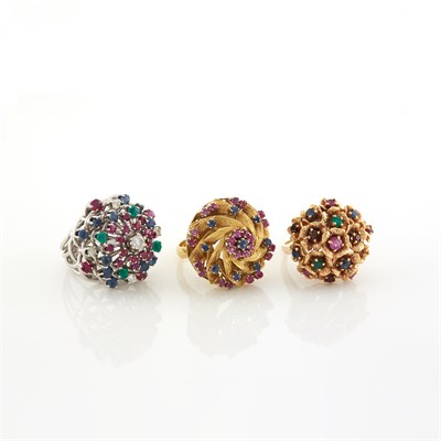Lot 1494 - Three Yellow and White Gold, Gem-Set and Diamond Rings