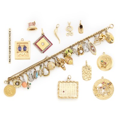 Lot 1409 - Group of Gold, Low Karat Gold, Gold-Filled, Metal, Platinum, Diamond and Colored Stone Charms and Charm Bracelet