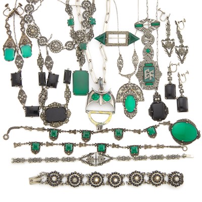Lot 1246 - Group of Silver, Metal, Green and Black Onyx and Marcasite Jewelry