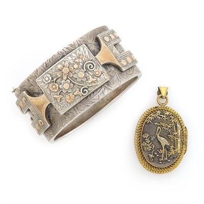 Lot 1309 - Antique Silver and Gold Cuff Bracelet and Shakuda Locket