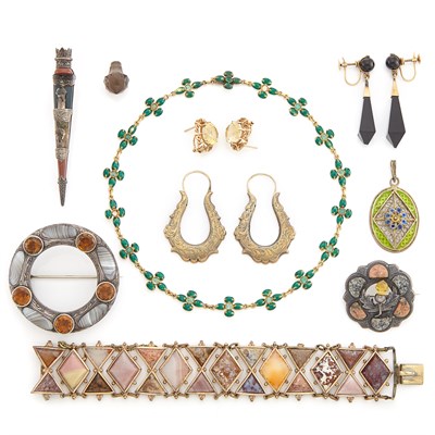 Lot 1689 - Group of Low Karat Gold, Silver, Metal and Scottish Agate Jewelry and Gold, Enamel and Emerald Necklace