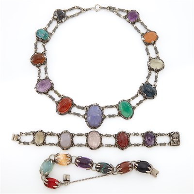 Lot 1402 - Silver and Hardstone Scarab Necklace and Two Bracelets
