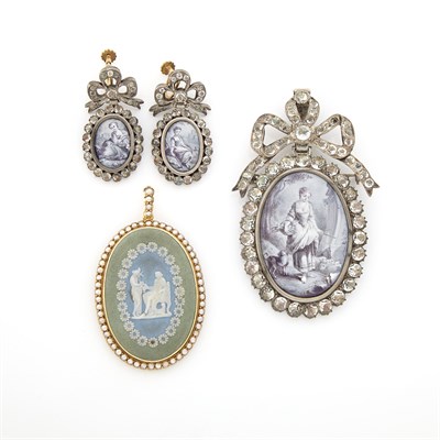 Lot 1247 - Silver, Enamel and Glass Pendant and Pair of Earrings and Gold, Cameo and Seed Pearl Wedgwood Pendant