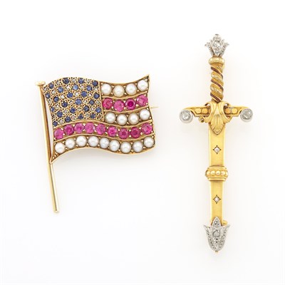 Lot 2005 - Gold and Diamond Sword Pin and Pearl, Diamond, Synthetic Ruby and Sapphire Flag Pin