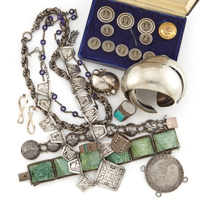 Lot 1424 - Group of Silver and Metal Buttons and Jewelry