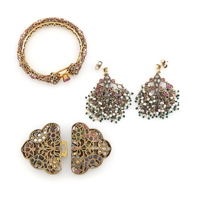 Lot 1552 - Group of Low Karat Gold, Silver, Metal, Colored Stone, Pearl and Glass Indian Jewelry