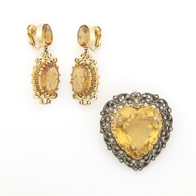 Lot 1691 - Pair of Gold, Citrine and Diamond Pendant-Earclips and Antique Silver, Gold and Citrine Heart Brooch