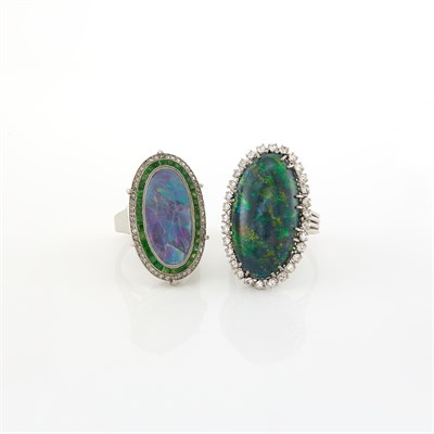 Lot 1210 - Platinum, Opal, Demantoid Garnet and Diamond Ring and Black Opal and Diamond Ring