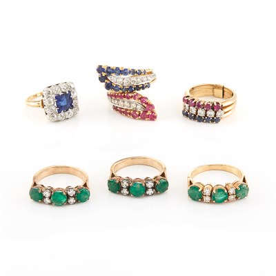 Lot 1962 - Six Gold, Platinum, Gem-Set, Synthetic Sapphire and Diamond Rings