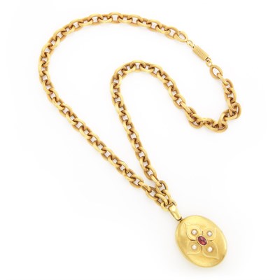 Lot 1697 - Antique Gold, Cabochon Garnet and Split Pearl Locket with Oval Link Chain Necklace
