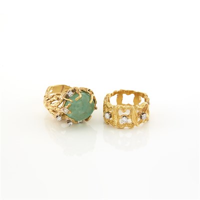 Lot 1936 - Gold and Diamond Band Ring and Cabochon Emerald and Diamond Ring
