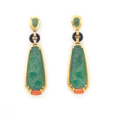 Lot 1575 - Pair of Gold, Carved Jade, Diamond, Coral and Black Enamel Pendant-Earrings