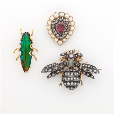 Lot 2014 - Three Antique Gold, Silver and Gem-Set Pins