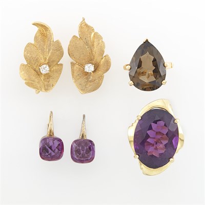 Lot 1417 - Group of Gold, Amethyst, Smoky Quartz and Diamond Jewelry