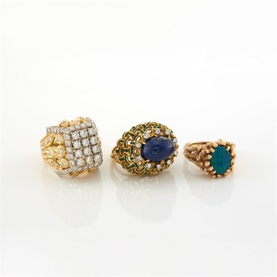 Lot 1740 - Three Gold, Diamond, Opal Doublet, Lapis and Enamel Rings