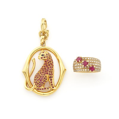 Lot 1297 - Five Row Gold, Ruby and Diamond Ring and Gold and Ruby Panther Pendant