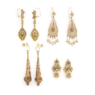 Lot 1700 - Four Pairs of Antique Gold Pendant-Earrings
