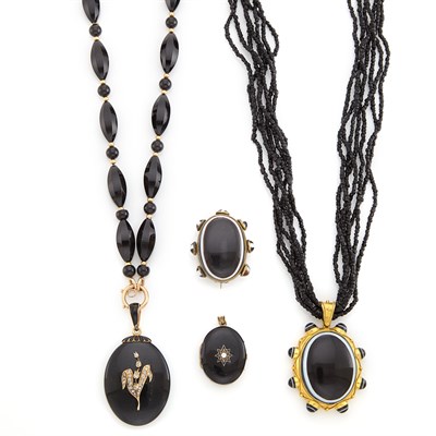 Lot 1698 - Group of Antique Jet and Black Onyx Bead, Black Onyx, Banded Agate and Diamond Jewelry