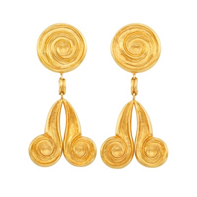 Lot 119 - Pair of High Karat Gold and Gold 'Neolithic' Pendant-Earclips, Ilias Lalaounis