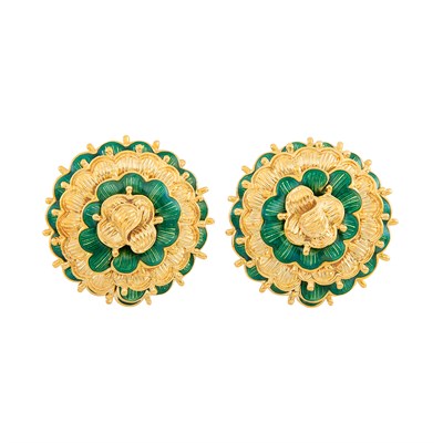 Lot 108 - Pair of Gold and Green Enamel 'Chrysanthemum' Earclips, Tiffany & Co.