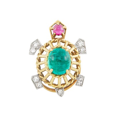 Lot 188 - Gold, Platinum, Cabochon Gem-Set and Diamond Turtle Pin, Cartier