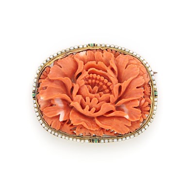Lot 1120 - Gold, Carved Coral, Seed Pearl and Black and Green Enamel Brooch