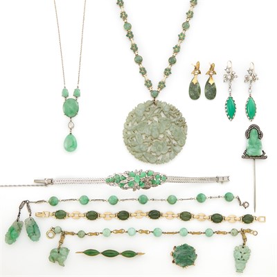 Lot 1594 - Group of Jade, Nephrite, and Green Chalcedony Jewelry