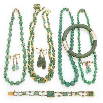 Lot 1595 - Group of Jade and Green Hardstone Jewelry